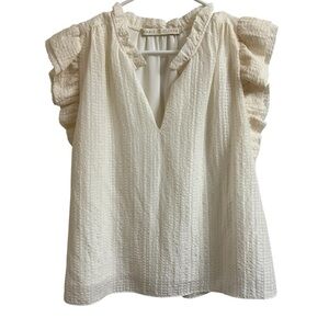 Marie Oliver Size S Merrit Linen Silk Ruffle Cap Sleeve V-Neck Ivory Blouse Top